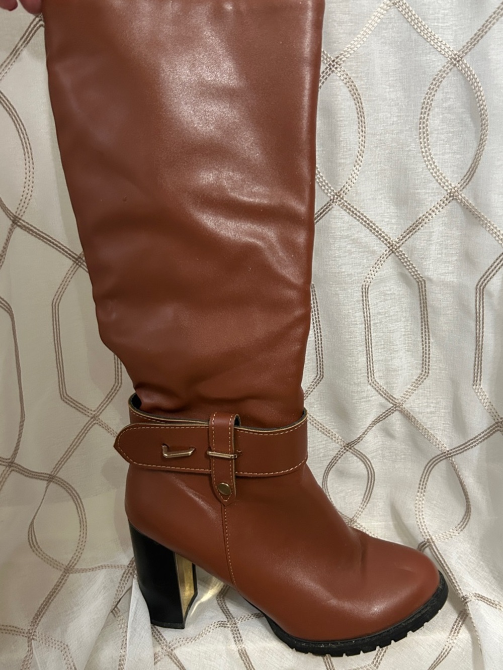 Amazon Women's Tall Chestnut 3” Gold Heel Buckle Boots, Fleece Lined